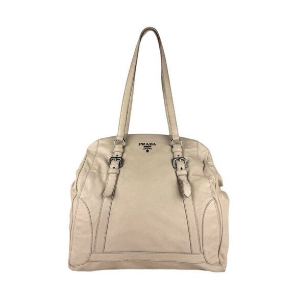 PRADA Shoulder Bag Pink Beige Leather/Silvertone - - Picture 1 of 13